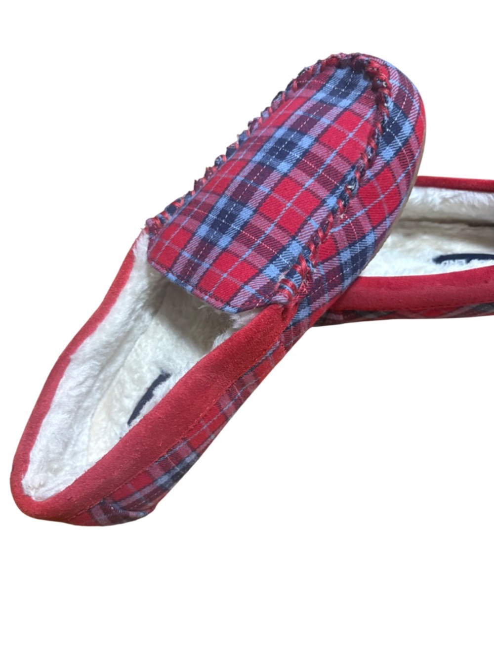 Lands' End plaid moccasin slippers red tartan suede trim faux fur lining